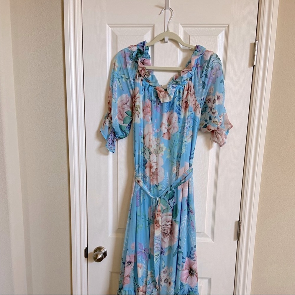 Flying Tomato Pretty Blue Floral Off the Shoulder Flowy Maxi Dress Size L or XL